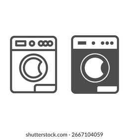 Washing machine with buttons and closed lid line and solid icon, washing concept. Vector graphics. Machine for automatic washing sign on white background, outline style icon for mobile or web design