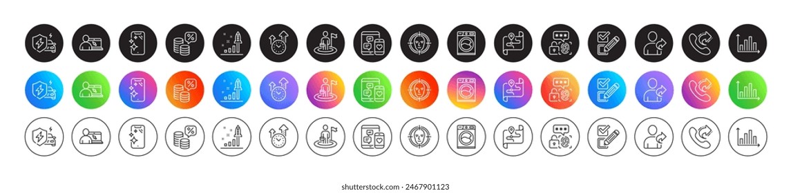 Washing machine, Car charging and Social media line icons. Round icon gradient buttons. Pack of Money tax, Biometric security, Face detect icon. Vector