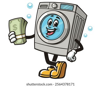 Washing Machine with Cash,   Cartoon Character Mascot Illustration Vector Clip-art Hand-drawn Logo Design