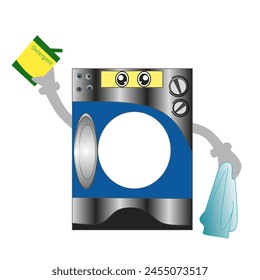 Washing machine character carrying detergent and dirty clothes. Vector illustration.