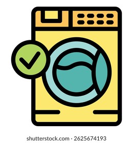 Washing machine with check mark icon, representing successful laundry cleaning and appliance functionality