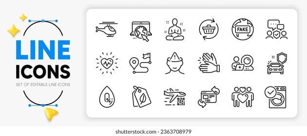 Washing machine, Clapping hands and Refresh website line icons set for app include Heartbeat, Yoga, Refresh cart outline thin icon. Love couple, Qr code, Helicopter pictogram icon. Vector