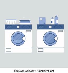 Washing machine with clean clothes, flat style, vector graphics