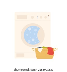 Washing machine and clean clothes. Laundry service, home appliances vector illustration