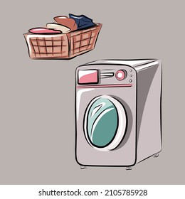 Washing machine and clean linen. Bathroom, spa treatments, massage, hotel with beauty treatments. Hygiene, washing and beauty items. Isolated vector objects.