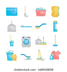 washing machine and cleaning tools icon set over white background, flat style, vector illustration