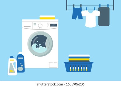 Waschmaschine mit Reiniger und sauberer Kleidung. Wäscheservice Vektorillustration Illustration.