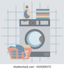 Washing machine with clear clothes, basket and detergents. Vector laundry room background