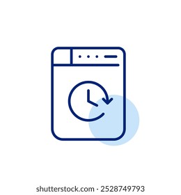 Washing machine with clock symbol on it. Efficient laundry timing. Scheduled timed cycles. Pixel perfect vector icon