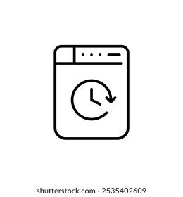 Máquina de lavar com símbolo de relógio. Tempo de lavanderia eficiente. Ciclos agendados e agendados. Pixel perfeito, ícone de traçado editável