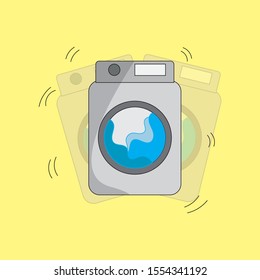 The washing machine is washing clothes causing the machine to vibrate.vector cartoon flat.