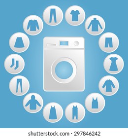  Washing machine with clothes Icon. Vector illustration for posters, banners, signs, cards, web design 