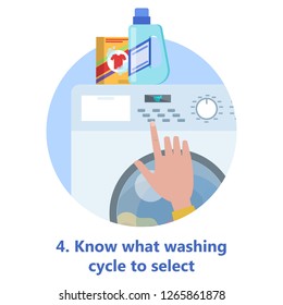 Washing machine with clothes inside. Choosing washing cycle for dirty clothing. Isolated flat vector illustration