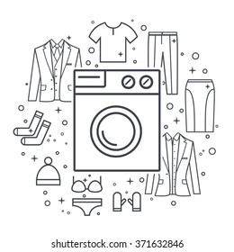 Washing machine and clothes: jacket, skirt, pants, shirt, hat, socks, gloves. Line vector illustration.