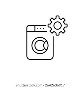 Washing machine and cogwheel. Home appliances settings and configuration. Washing program setup. Pixel perfect, editable stroke vector icon
