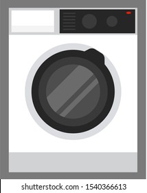 Washing machine with control panel. Electric appliance for cleaning clothes and fabric cloth. Washer and dryer, equipment with drum and timer. Contemporary device for housekeeping vector in flat