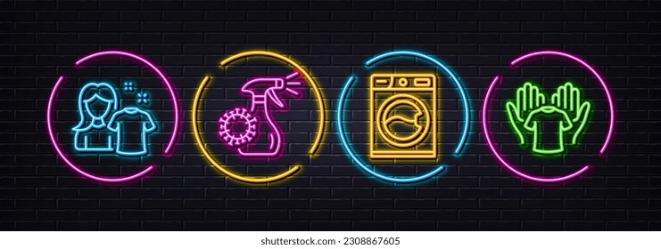 Washing machine, Coronavirus spray and Clean shirt minimal line icons. Neon laser 3d lights. Hold t-shirt icons. For web, application, printing. Vector