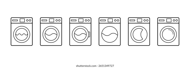 Washing machine cycle process front load appliance icon vector illustration set for laundry equipment cleaning technology user interface display.