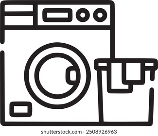 Washing machine with detergent, representing laundry services or household chores. Washing machine with detergent icon representing laundry services, household chores, and home appliances. EPS