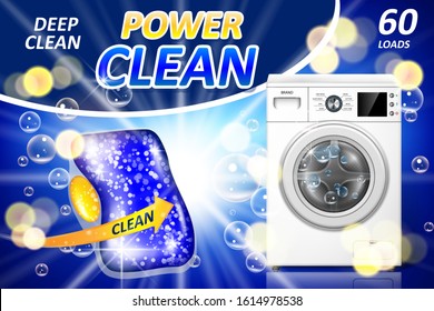 Washing Machine Detergent Tabs Ad. Stain Remover Banner Design With Realistic Washing Machine With Clean Soap Bubbles. Vector Illustration