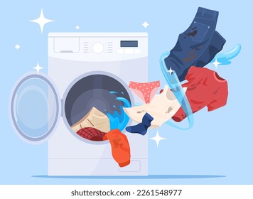 Washing machine with dirty clothes. Clean, fresh clothes. Means for cleaning clothes from dirt. Vector illustration