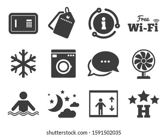 Washing machine. Discount offer tag, chat, info icon. Hotel, apartment service icons. Wifi, air conditioning and swimming pool symbols. Classic style signs set. Vector