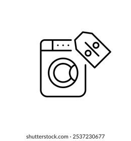 Washing machine and discount price tag. Home appliances and electronics deals. Online sale events. Pixel perfect, editable stroke icon