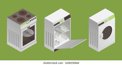 Washing machine, dishwasher machine, filled with clean plates and electric cooker vector illustration in isometric style. Kitchen equipment and household appliances isolated on green background.