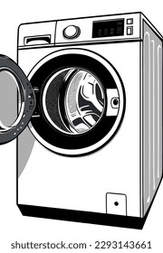 A washing machine with its door open, revealing the inner workings of the machine, vector illustration.