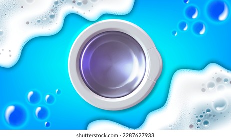 Washing machine door, soap bubbles and foam. Detergent or laundry design. Vector illustration