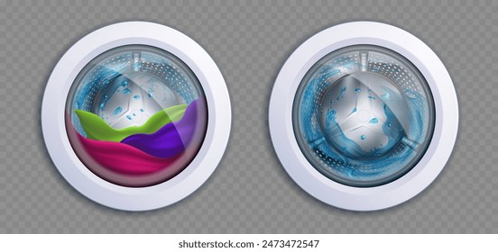 Washing machine drum with clothes and empty with water. Vector templates isolated on transparent background