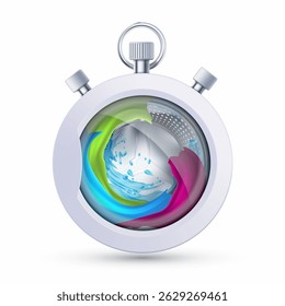 Washing machine drum with clothes. Like a sports stopwatch. Vector isolated on white background