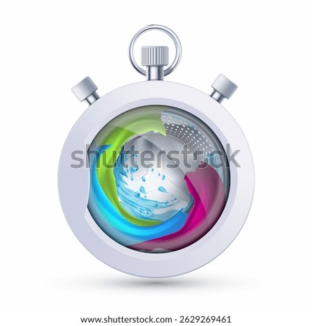 Washing machine drum with clothes. Like a sports stopwatch. Vector isolated on white background
