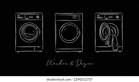 Washing machine and dryer for clean clothes drawing in graphic style on black background