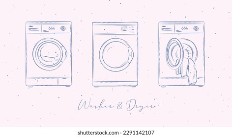 Washing machine and dryer for clean clothes drawing in graphic style on peach background