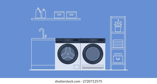 Máquina de lavar e secador na lavanderia, eletrodomésticos inteligentes e conceito de automação residencial, isolado