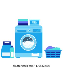 Washing machine during washing, powder, liquid, capsule powder, basket of dirty linen, stack of clean linen, conditioner, bleach isolated on white background. Flat design vector laundry illustration.