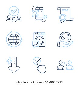 Washing machine, Energy drops and Globe line icons set. Diploma certificate, save planet, group of people. Communication, Flight destination and Checkbox signs. Vector