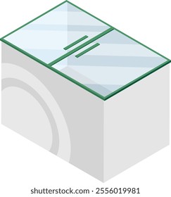 Washing machine featuring a vibrant green frame and sleek glass top cover, showcasing a spinning drum in an isometric projection, isolated against a clean white background