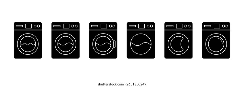 Washing machine filled icon set of front load laundry cleaning appliance with spin cycle design for household utility vector illustration.