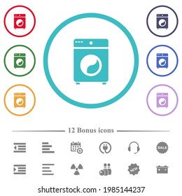 Iconos de color plano de la máquina de lavado en contornos de forma circular. 12 íconos adicionales incluidos.