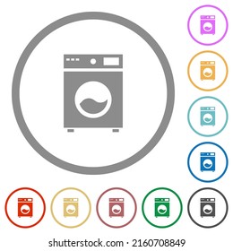 Iconos de color plano de lavadora en contornos redondos sobre fondo blanco