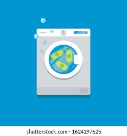 Washing machine in flat design with money being washed