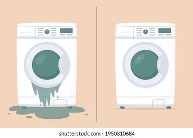 Washing machine in flat style. Broken washing machine with water on floor. Front view, close-up. Household appliances. Lifetime warranty. Flood the neighbors. Money back guarantee. Vector illustration