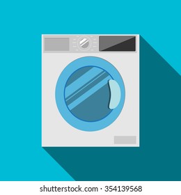 Washing machine in flat style isolated on blue background. Modern washing machine icon vector illustration with long shadow.