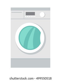 Washing machine in flat style isolated. Household appliances. Electronic device. Home appliances. Laundry, washing, washing machine. Electric clothes washer. Washer skid. Vector illustration