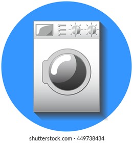 Washing machine flat style vector illustration. Washer icon on blue background, with transparent shadow. Washing linen and cloth. Modern house technology. Comfort living house appliance. Clever home