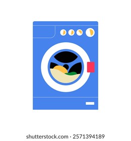 Washing Machine In Flat Vector Illustration Symbolizing Laundry, Cleanliness, And Household Chores, Isolated On White Background.