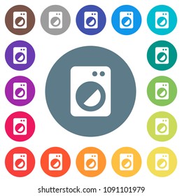 Washing machine flat white icons on round color backgrounds. 17 background color variations are included.