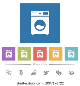Lavadora con iconos blancos planos en fondo cuadrado. 6 iconos de bonificación incluidos.